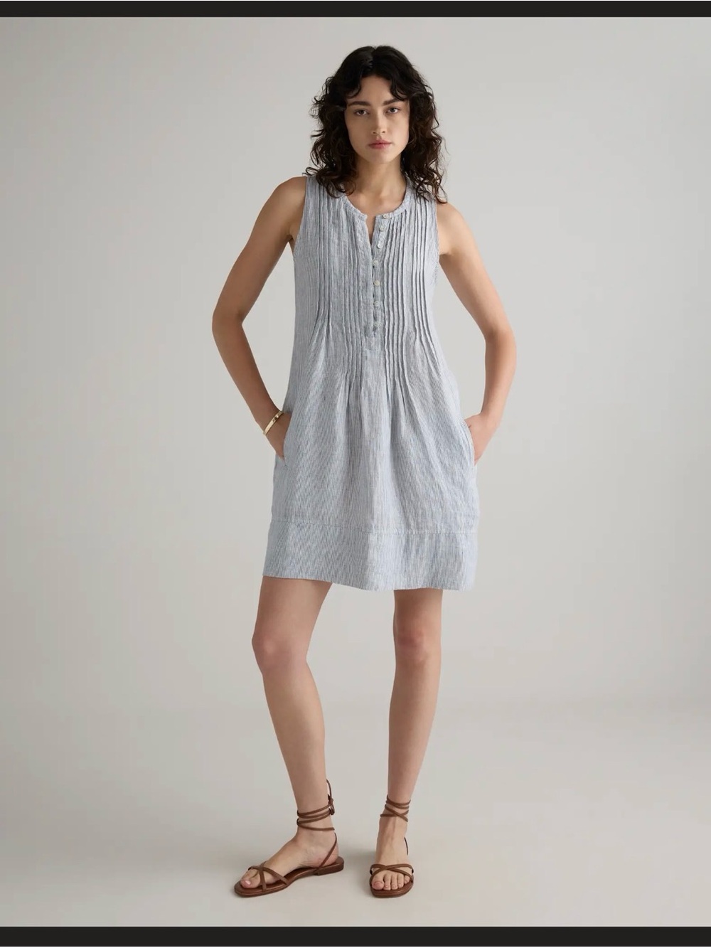 Quince Pale Blue Pintuck Sleeveless Mini Dress